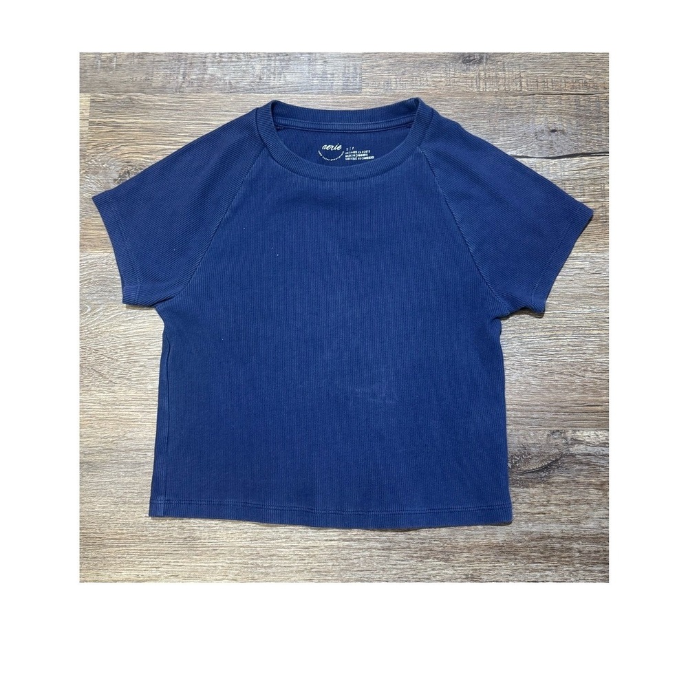 Aerie Womens Cropped Short Sleeve Ribbed Raglan T-Shirt Navy Blue Small